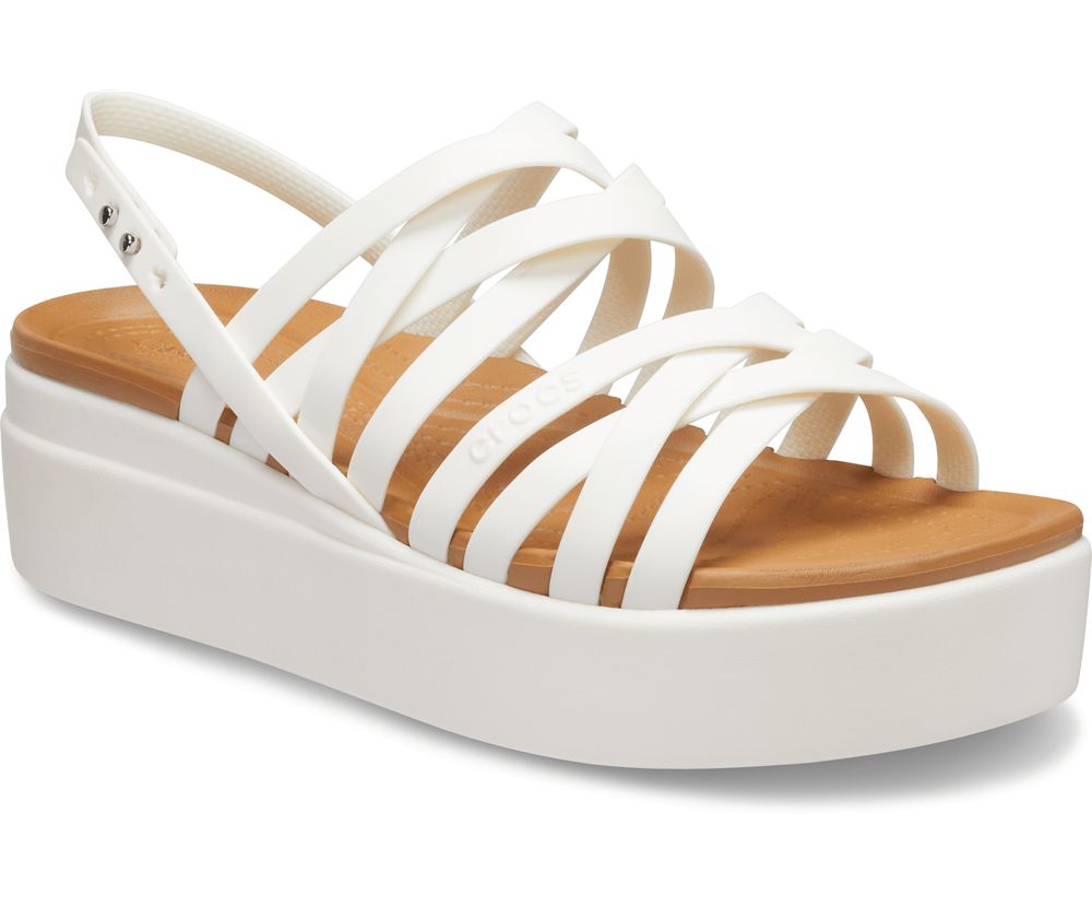 Crocs Brooklyn Strappy Low Kilehæl Sandaler Dame Hvide | 126-PXMYFB