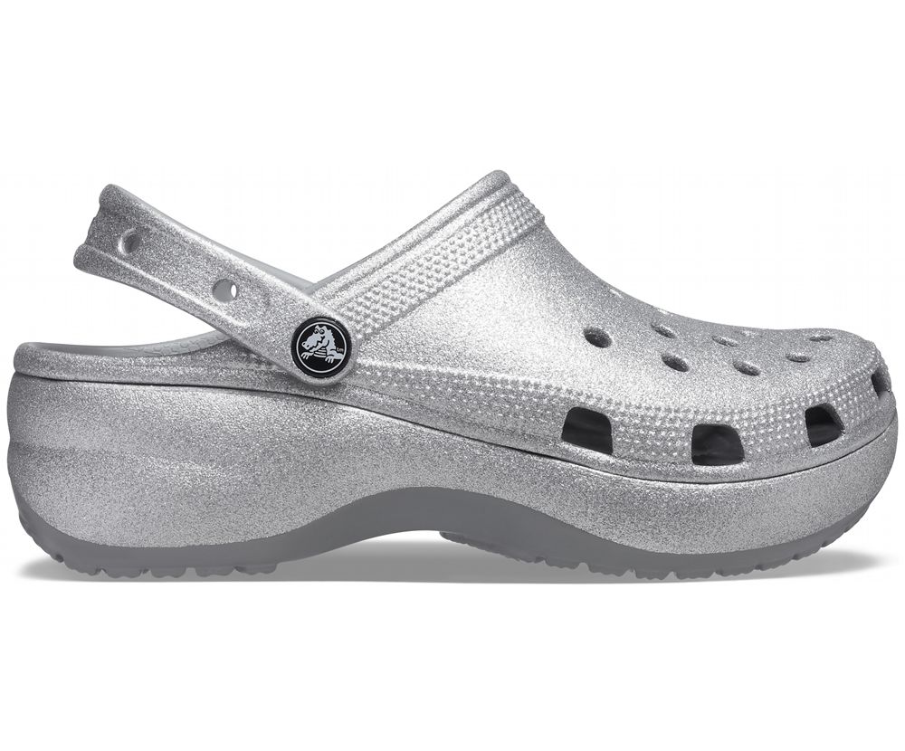 Crocs Classic Glitter Platform Træsko Dame Sølv | 134-WGMYLN