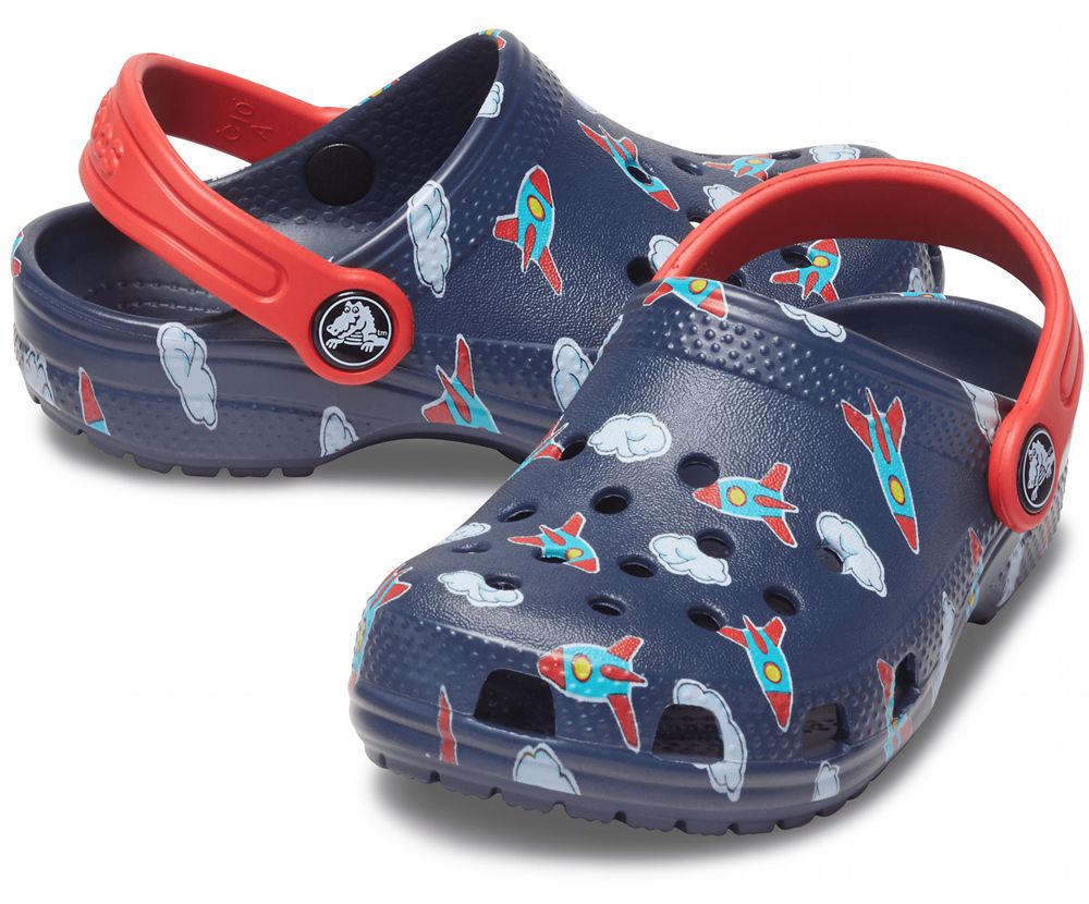 Crocs Classic Printed Træsko Pige Mørkeblå | 987-DVIYCQ