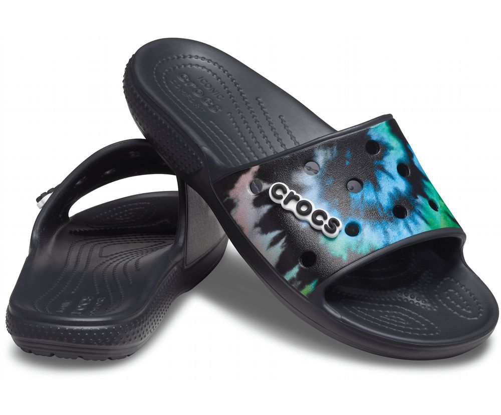 Crocs Classic Tie-Dye Graphic Badesandaler Dame Sort | 925-ZASNKY